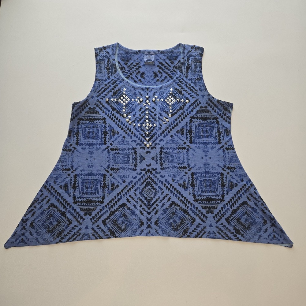 Ransom Blue Embellished Tank Top XL Boho‎ Tribal Print Studded Flowy Sleeveless
